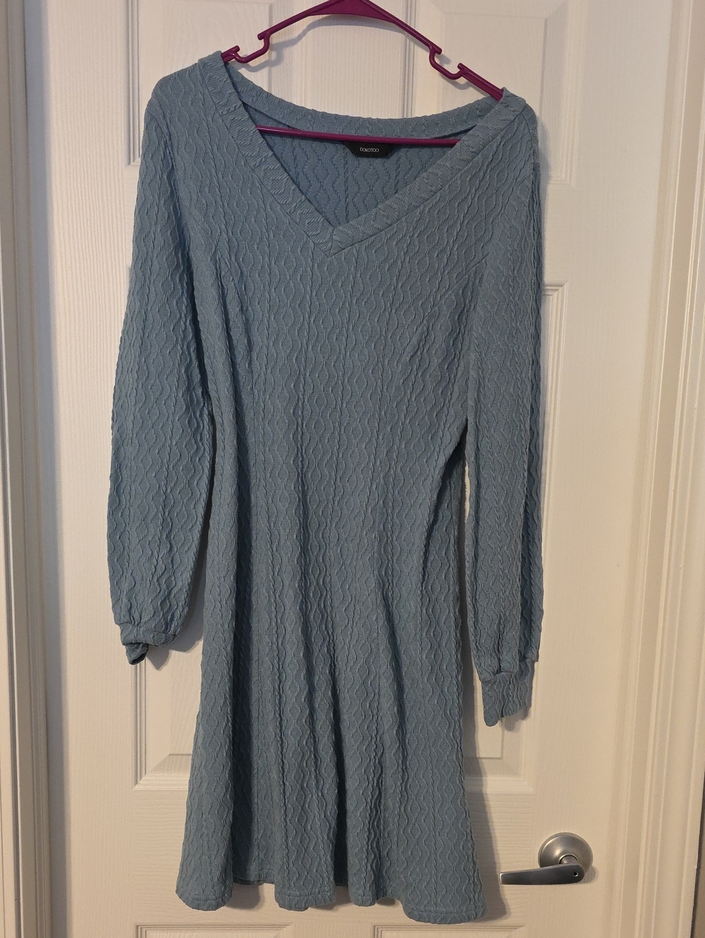 V-Neck Cable Knit Long Sleeve Dress in Light Blue